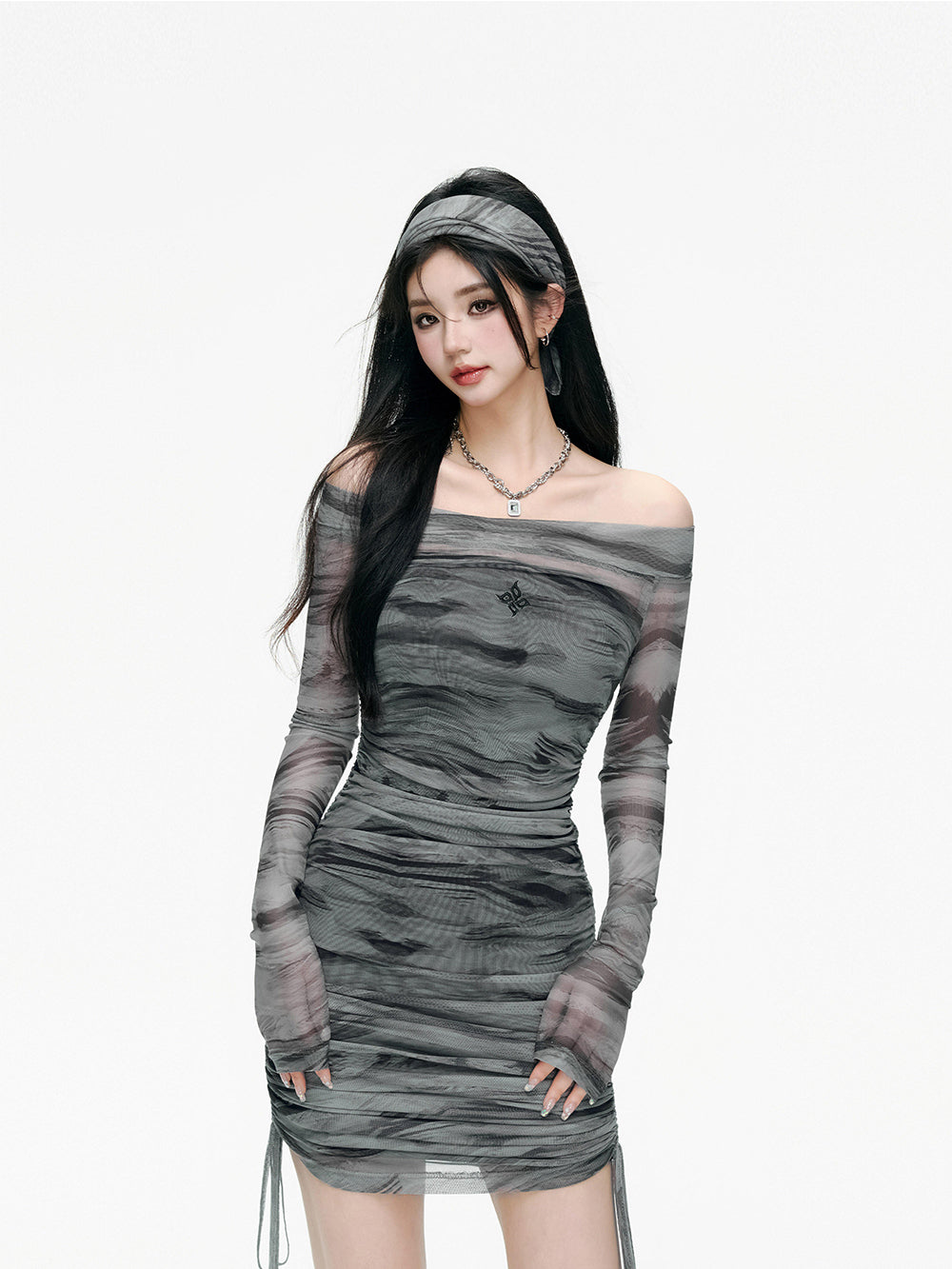 MUKTANK x ARDENCODE Fitted Ruched Mesh One-Shoulder Bandeau Dress