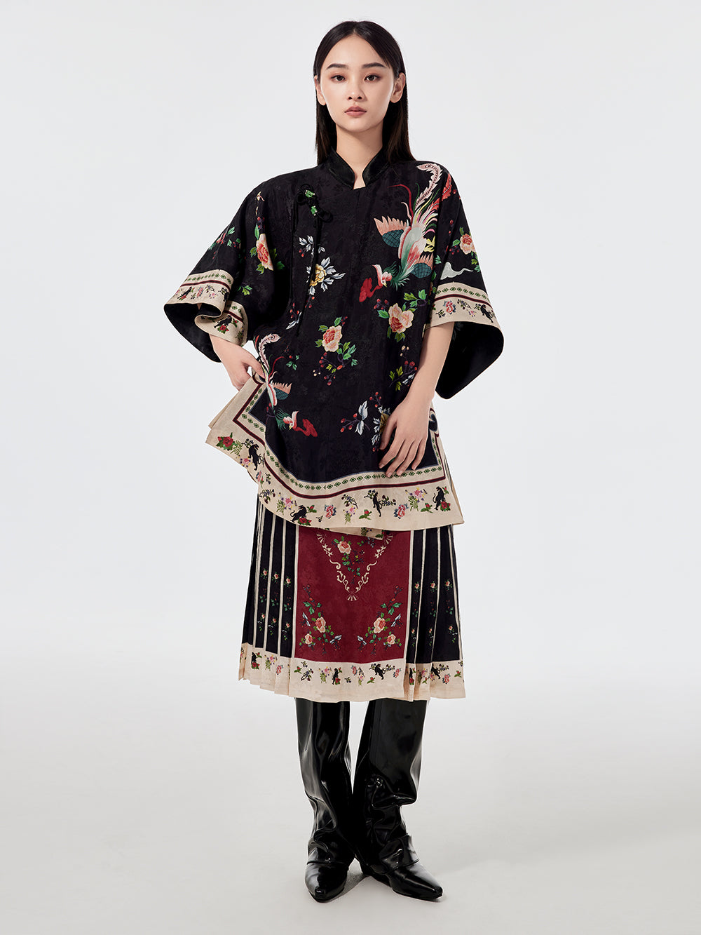 MUKZIN Chinese Stand Collar Printed Half-sleeved Shirt Dresses