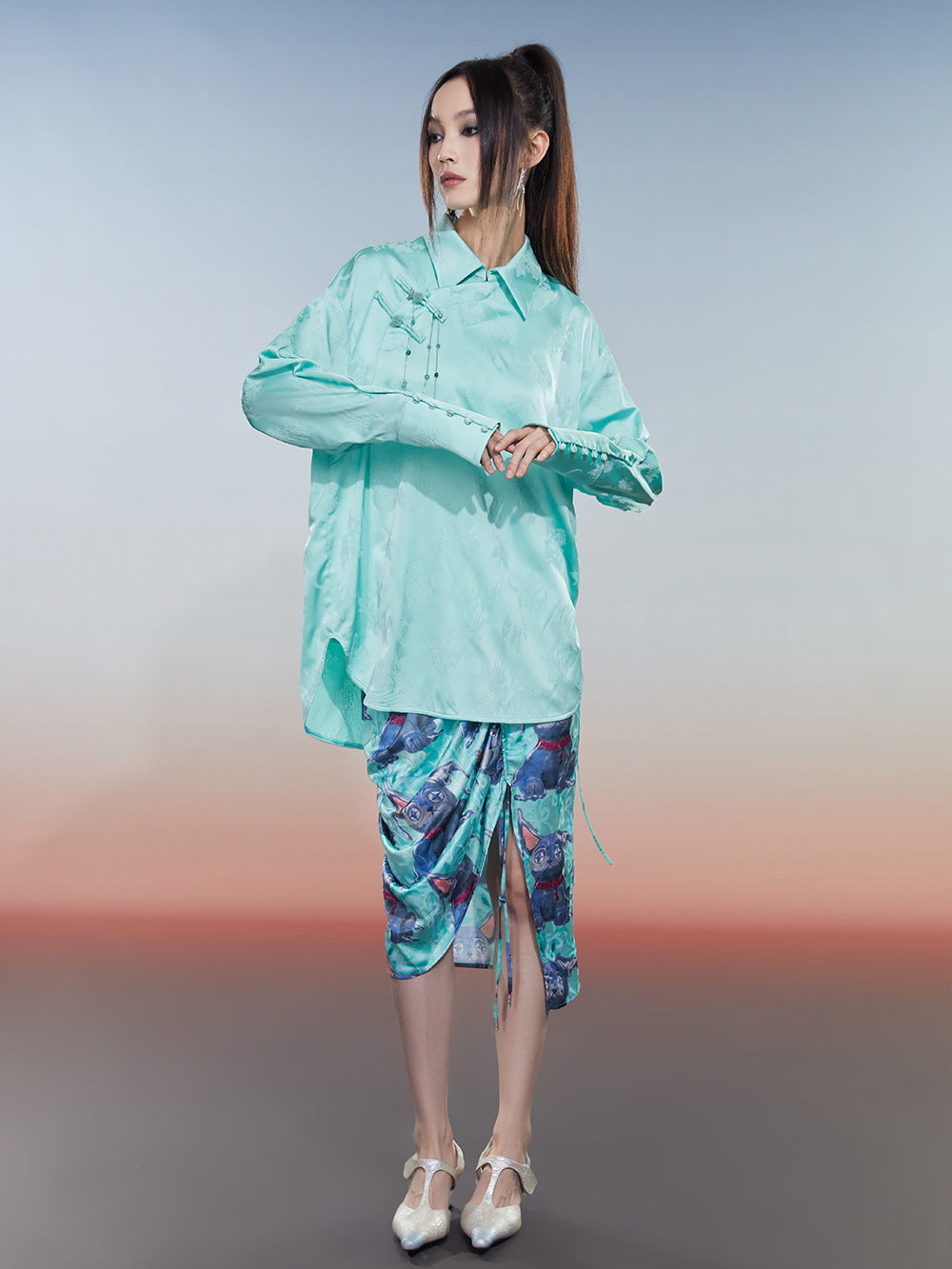 MUKZIN Solid Color Retro Floral Jacquard Chinese Style Shirt