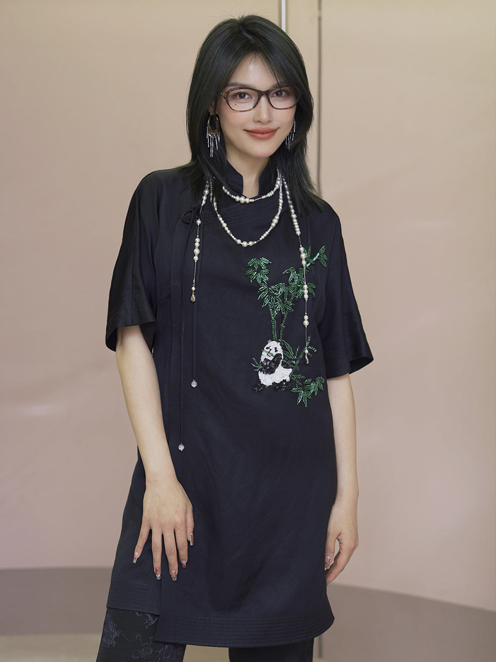 MUKZIN Chinese Style Stand Collar Panda Embroidered Shirt Dress