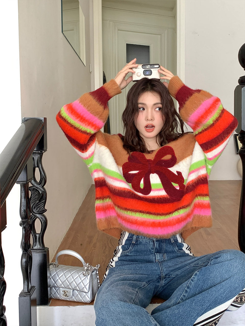 MUKZIN Bow Striped All-match Casual Cute Sweatshirt