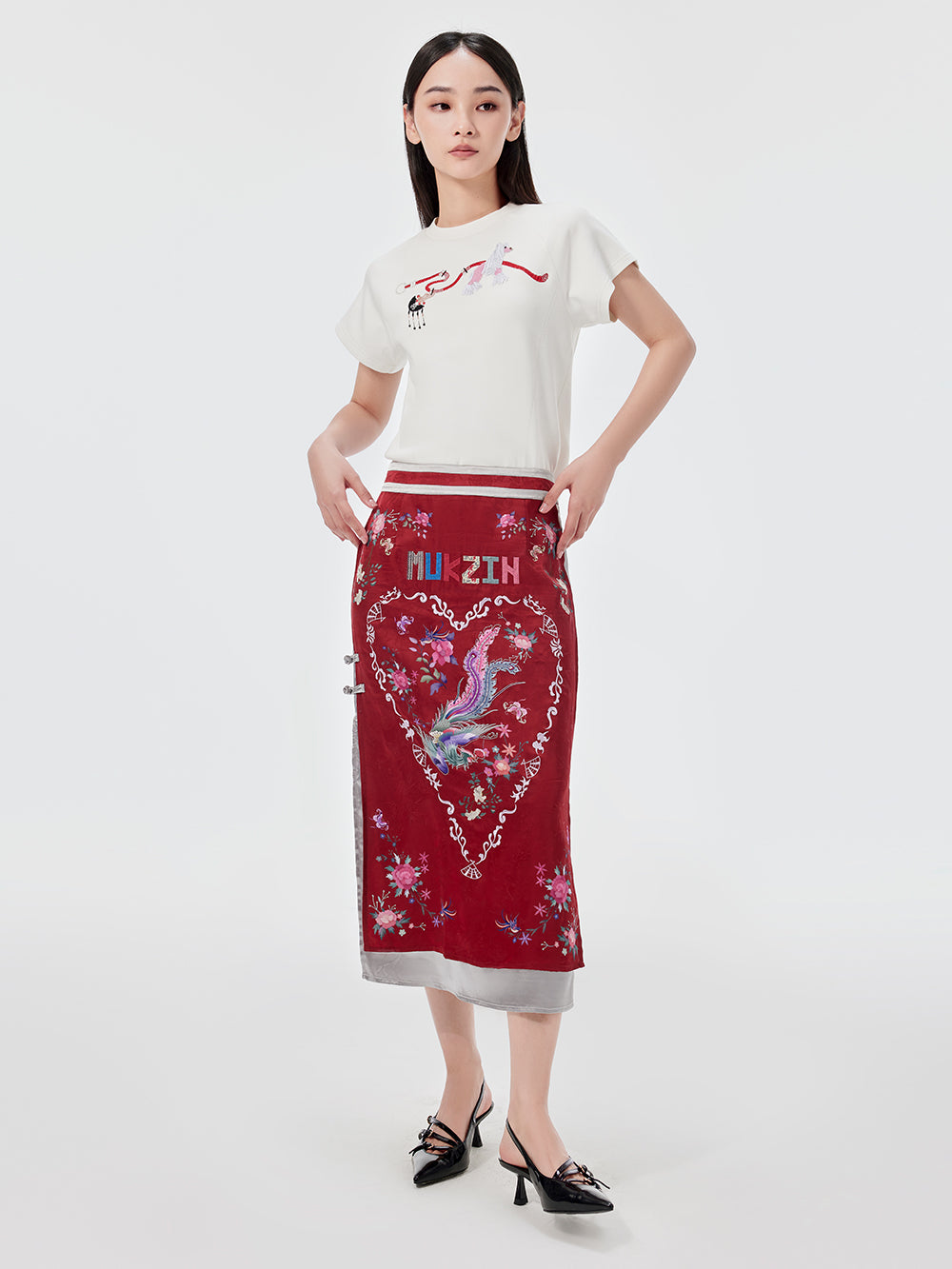 MUKZIN Red Embroidered Chinese Ethnic Style Midi Skirt