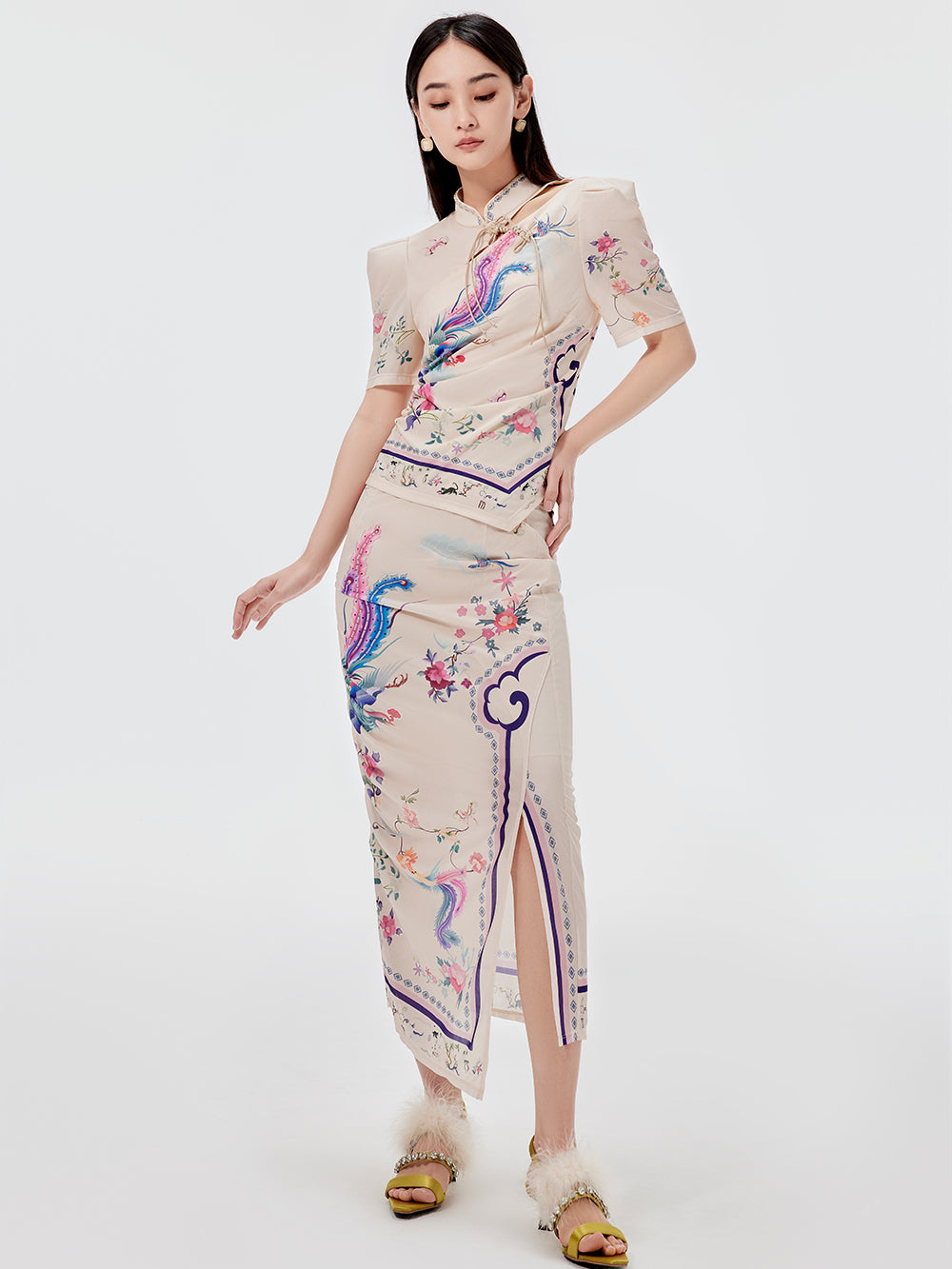 MUKZIN Chinese Style Printed Slit Skirt