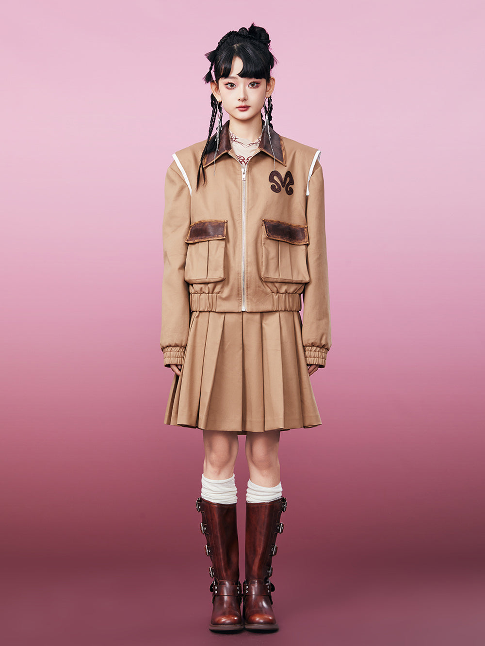 MUKZIN Khaki Workwear Twill Fabric Pleated Skirt