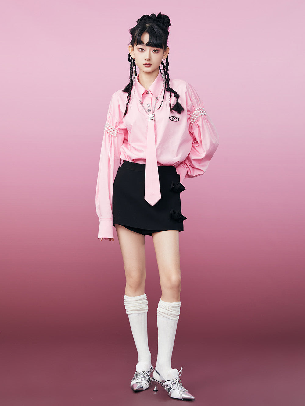 MUKZIN Pink Fashion Pearl Embellished Long Sleeve Shirt (With Tie)