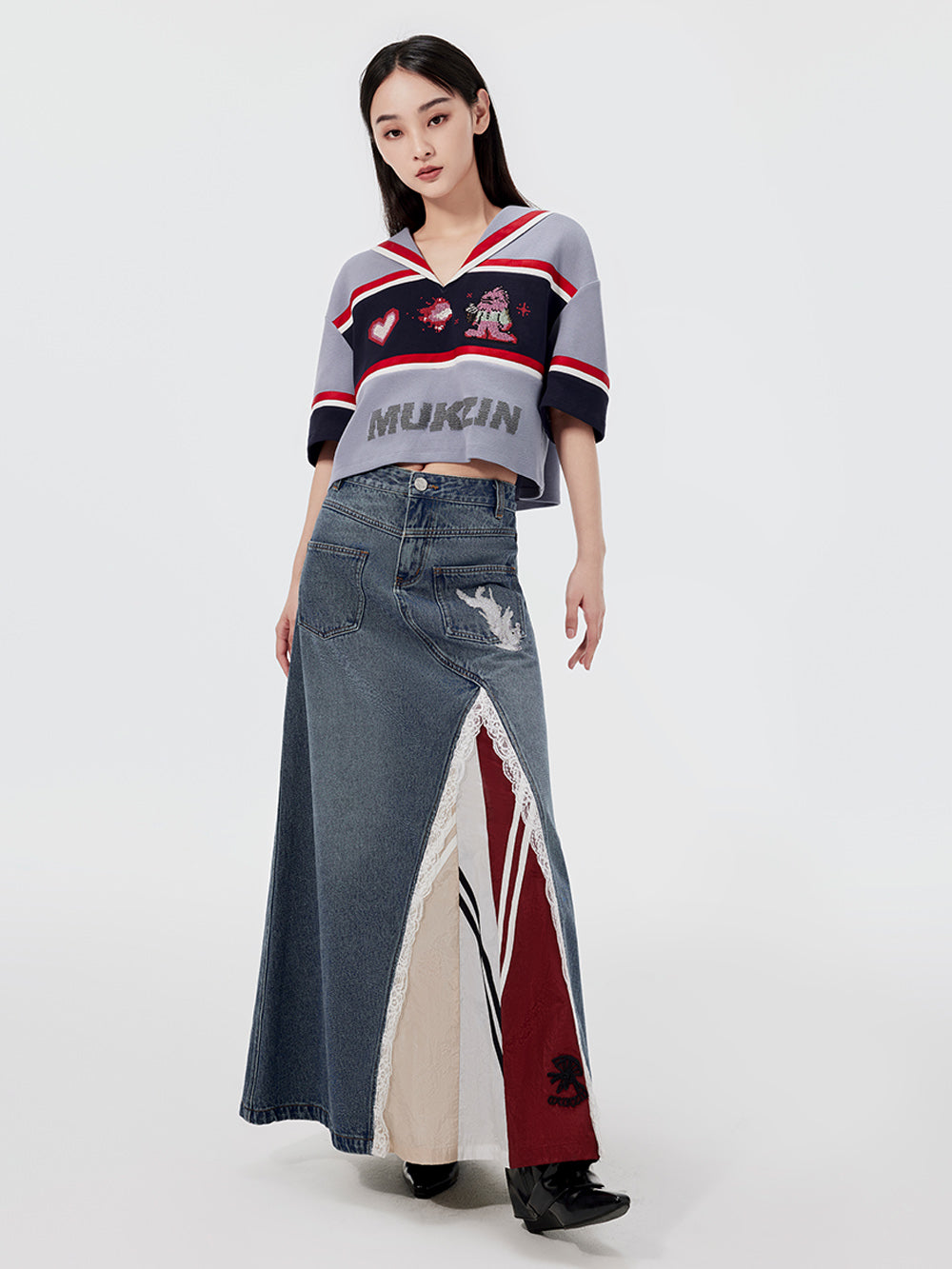 MUKZIN Lace Paneled Fashion Denim Skirt
