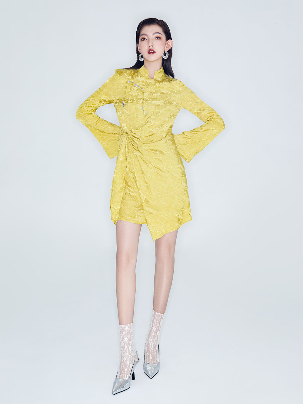 MUKZIN Linglong Jin XI New Chinese-style Jacquard Flared Sleeve Cheongsam Dress M