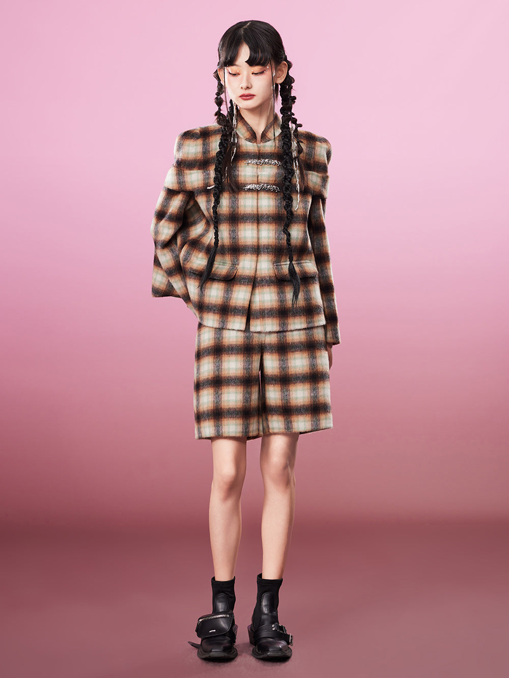 MUKZIN Brown Exquisite Woolen Plaid Short Shorts