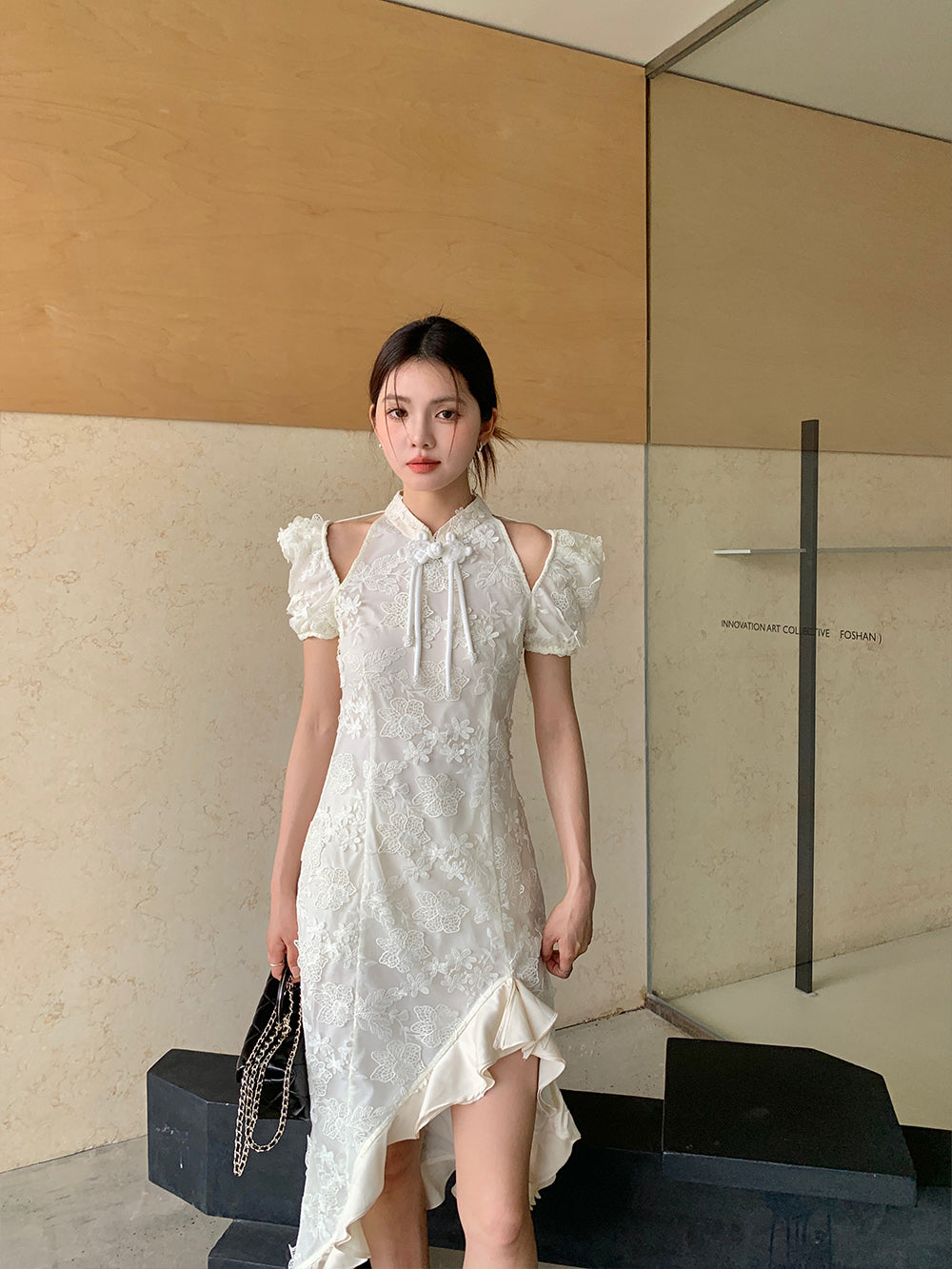 MUKZIN Lace Print Hollow Puff Sleeve Cheongsam Qi Pao