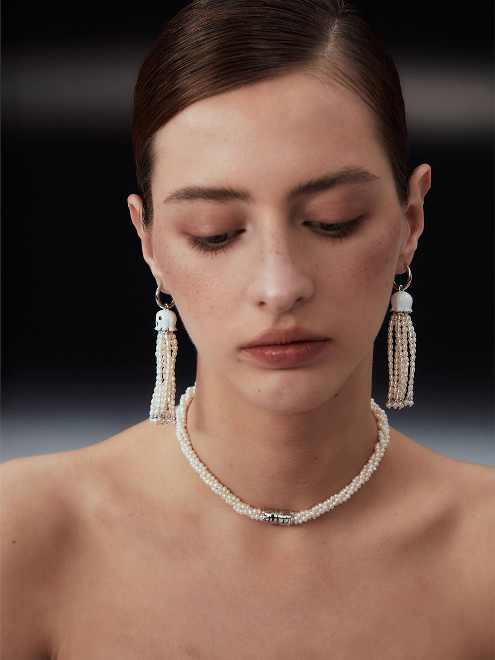 MUKTANK xPEARLONA DANGEROUS GARDEN-GHOSTFACE LILY Millet Pearl Tassel Earrings