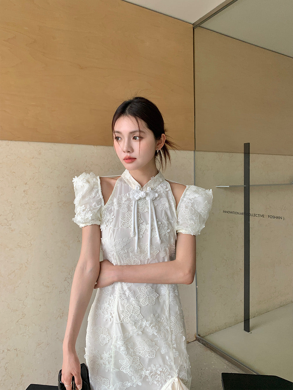 MUKZIN Lace Print Hollow Puff Sleeve Cheongsam Qi Pao
