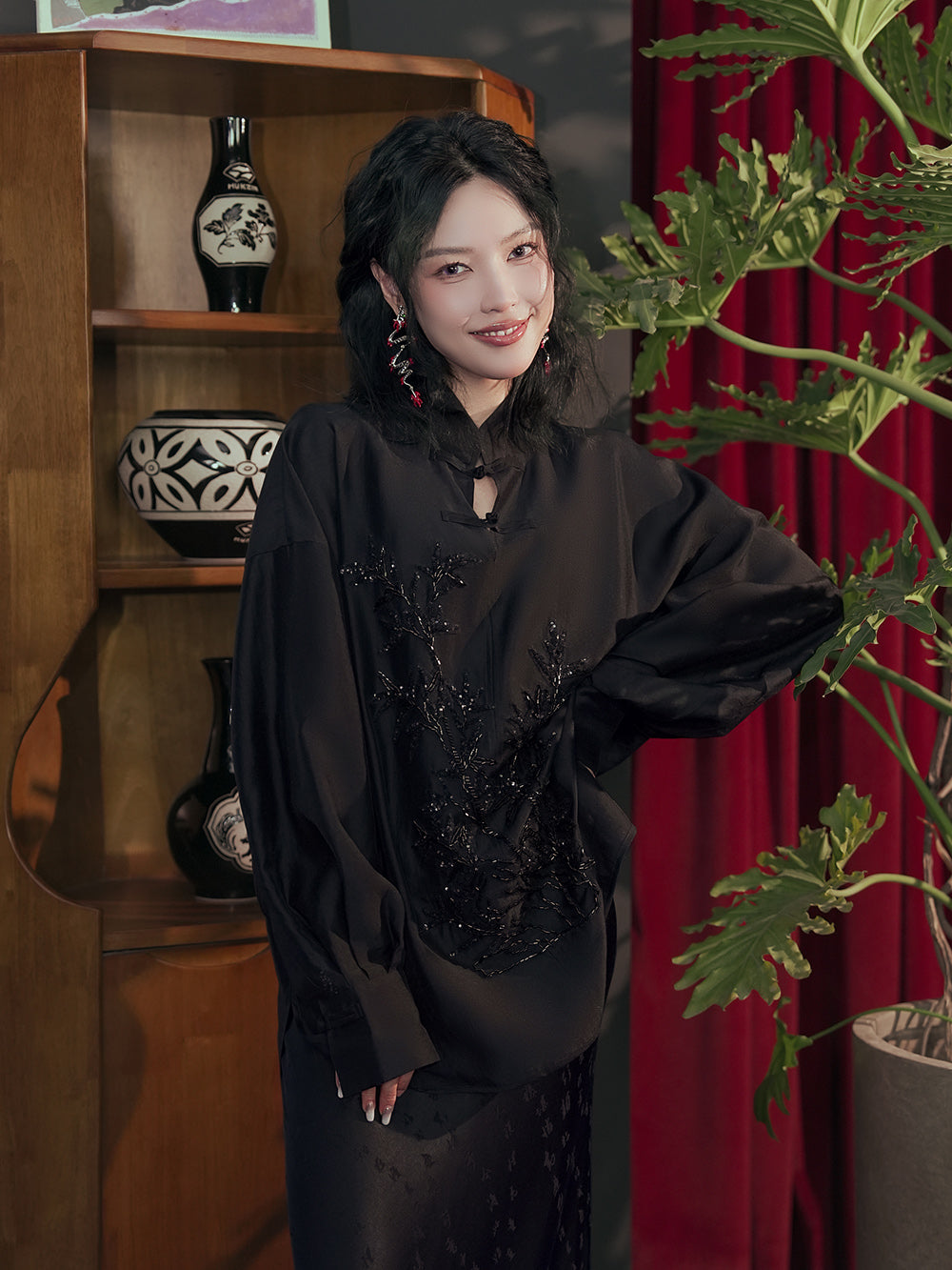 MUKZIN Black Chinese Style Cheongsam Collar Loose Shirt