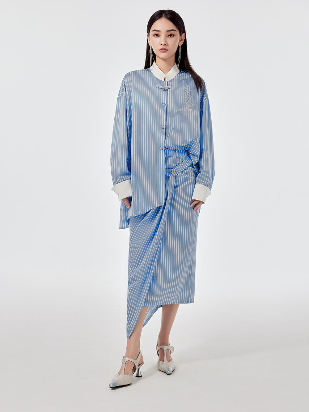 MUKZIN Linglong Series "Biluo" Blue and White Striped Improved Tang Suit Shirt