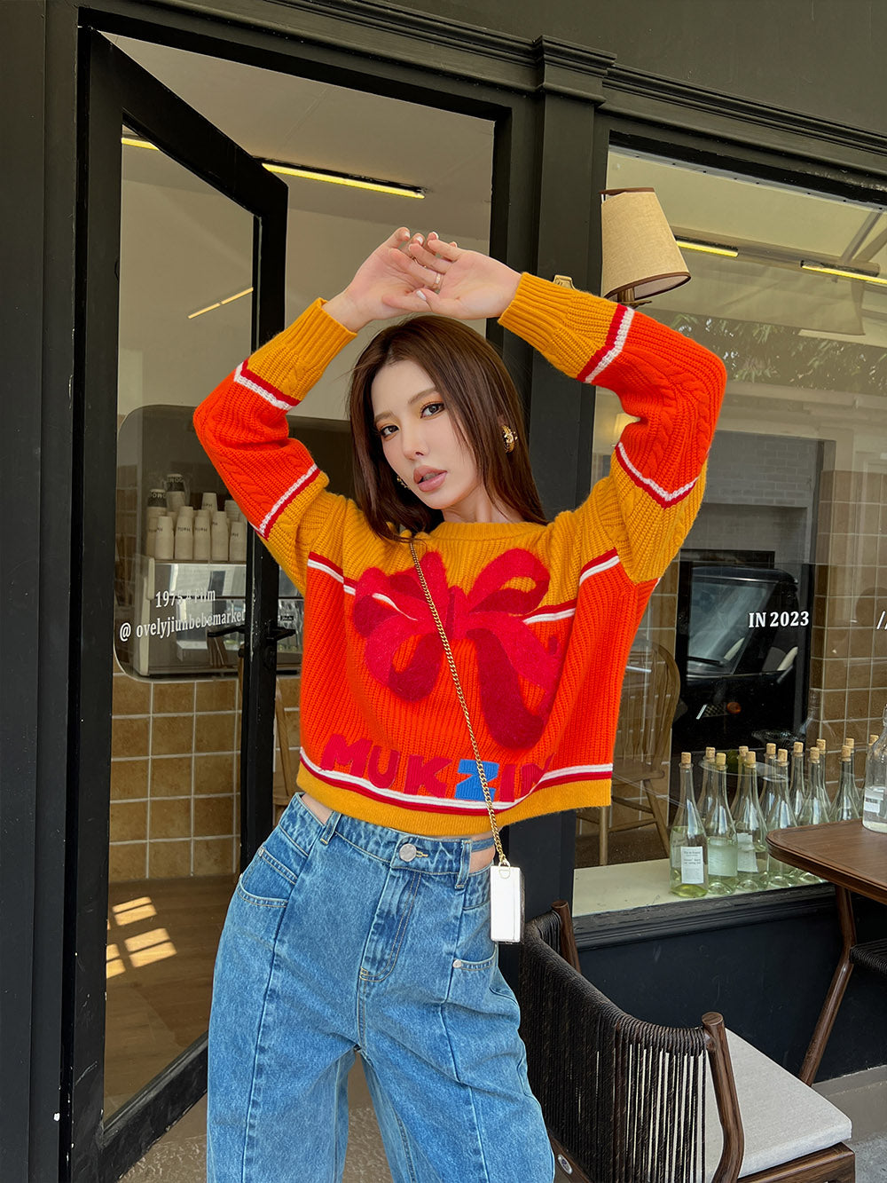 MUKZIN Bowknot Ginger and Red Color Blocking Sweater