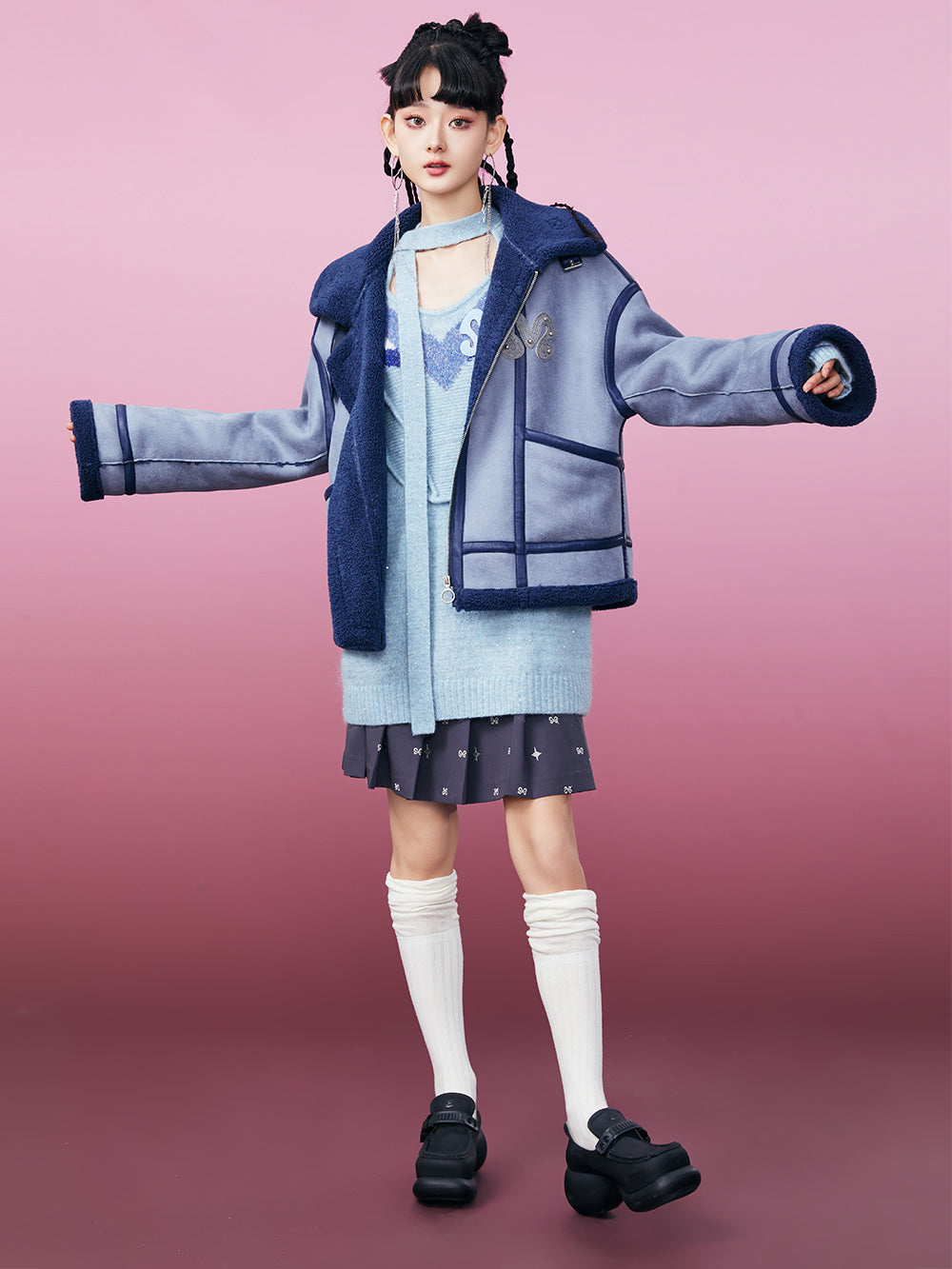 MUKZIN Blue Leather Lace Fur Coat