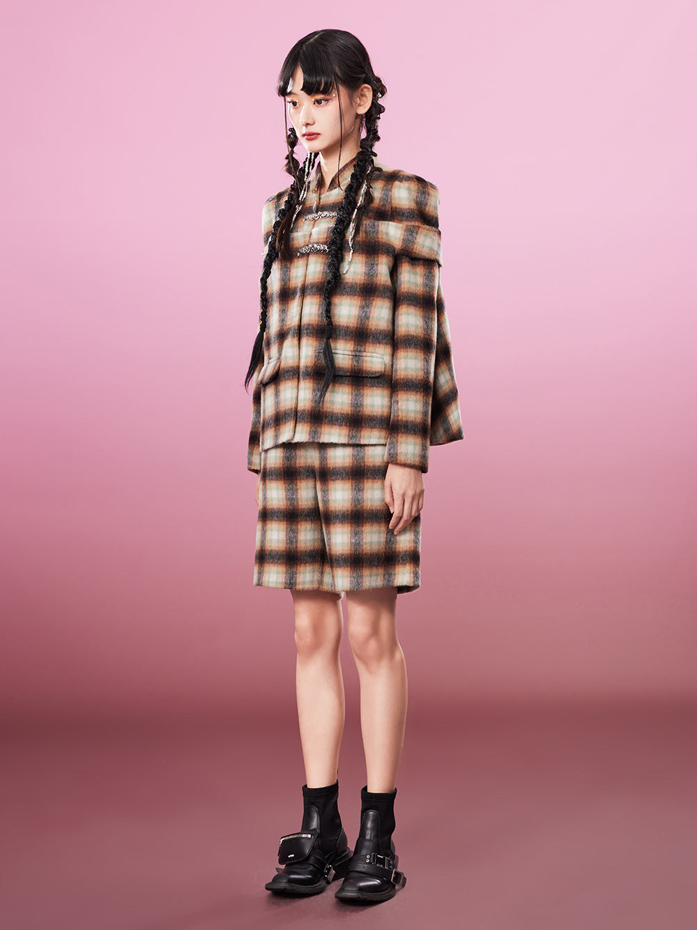 MUKZIN Brown Exquisite Woolen Plaid Short Shorts
