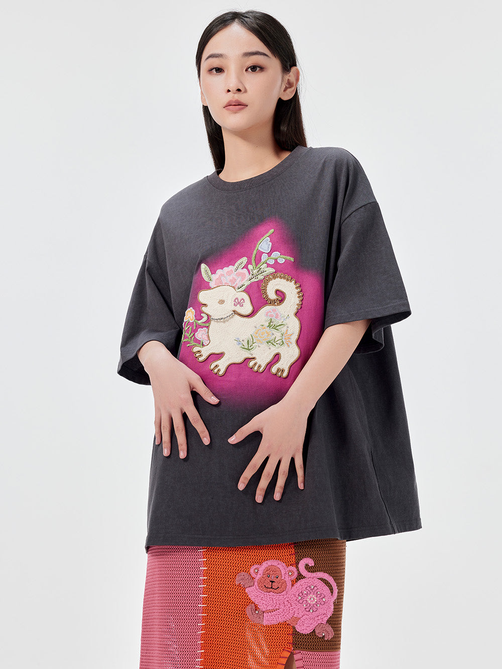 MUKZIN Casual Loose Cute Embroidered Versatile Retro Style T-shirt