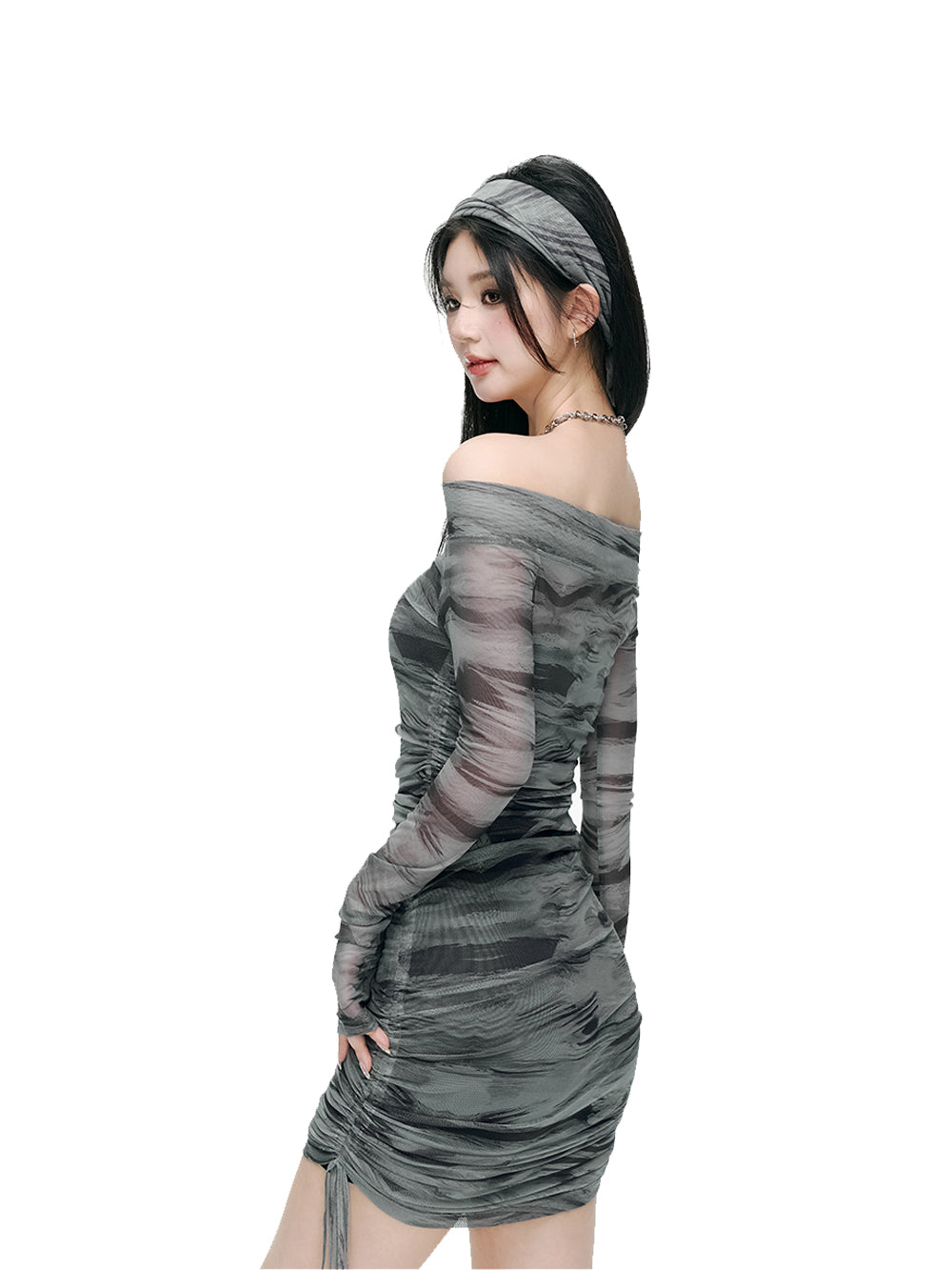 MUKTANK x ARDENCODE Fitted Ruched Mesh One-Shoulder Bandeau Dress