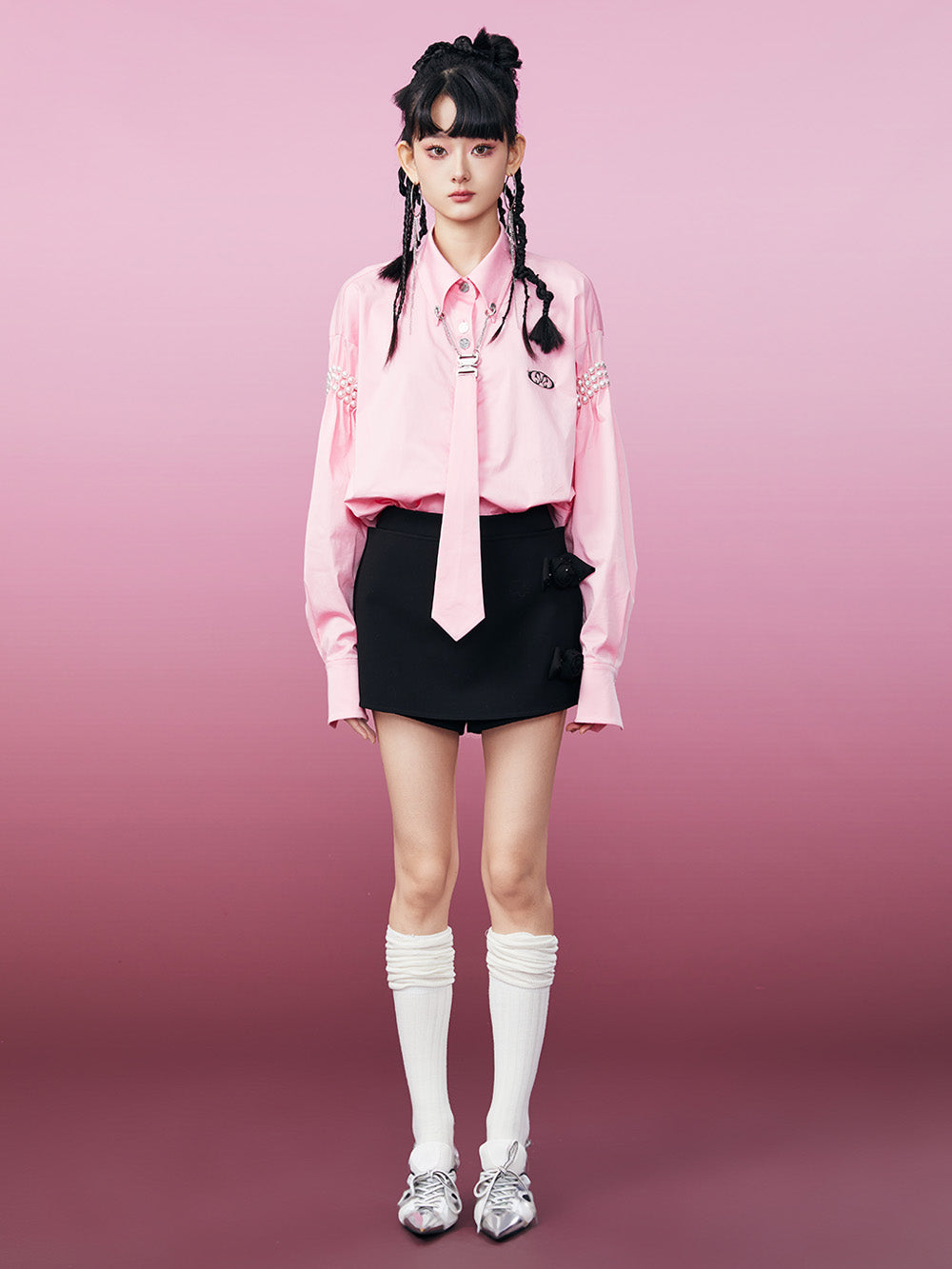 MUKZIN Pink Fashion Pearl Embellished Long Sleeve Shirt (With Tie)