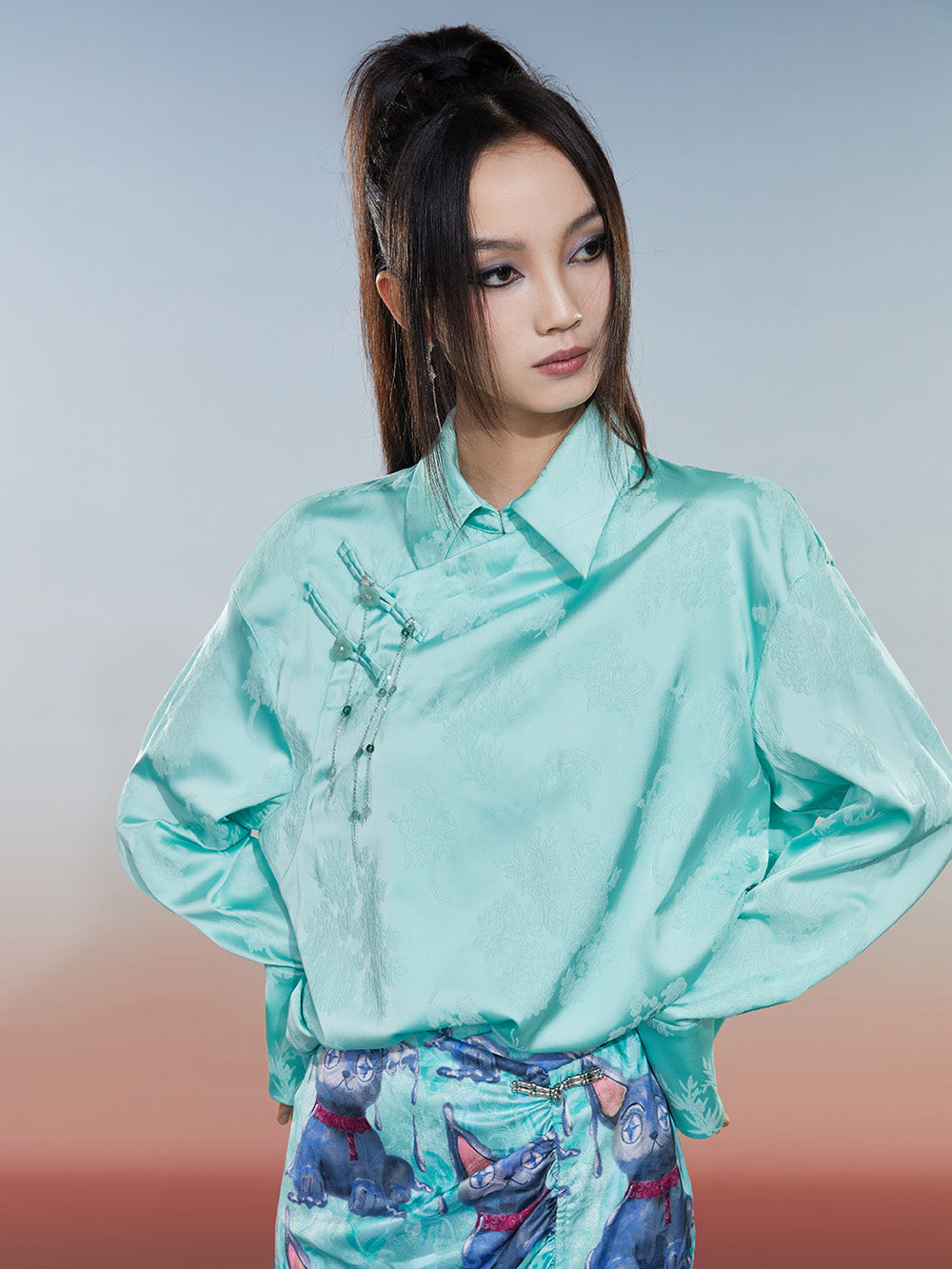 MUKZIN Solid Color Retro Floral Jacquard Chinese Style Shirt
