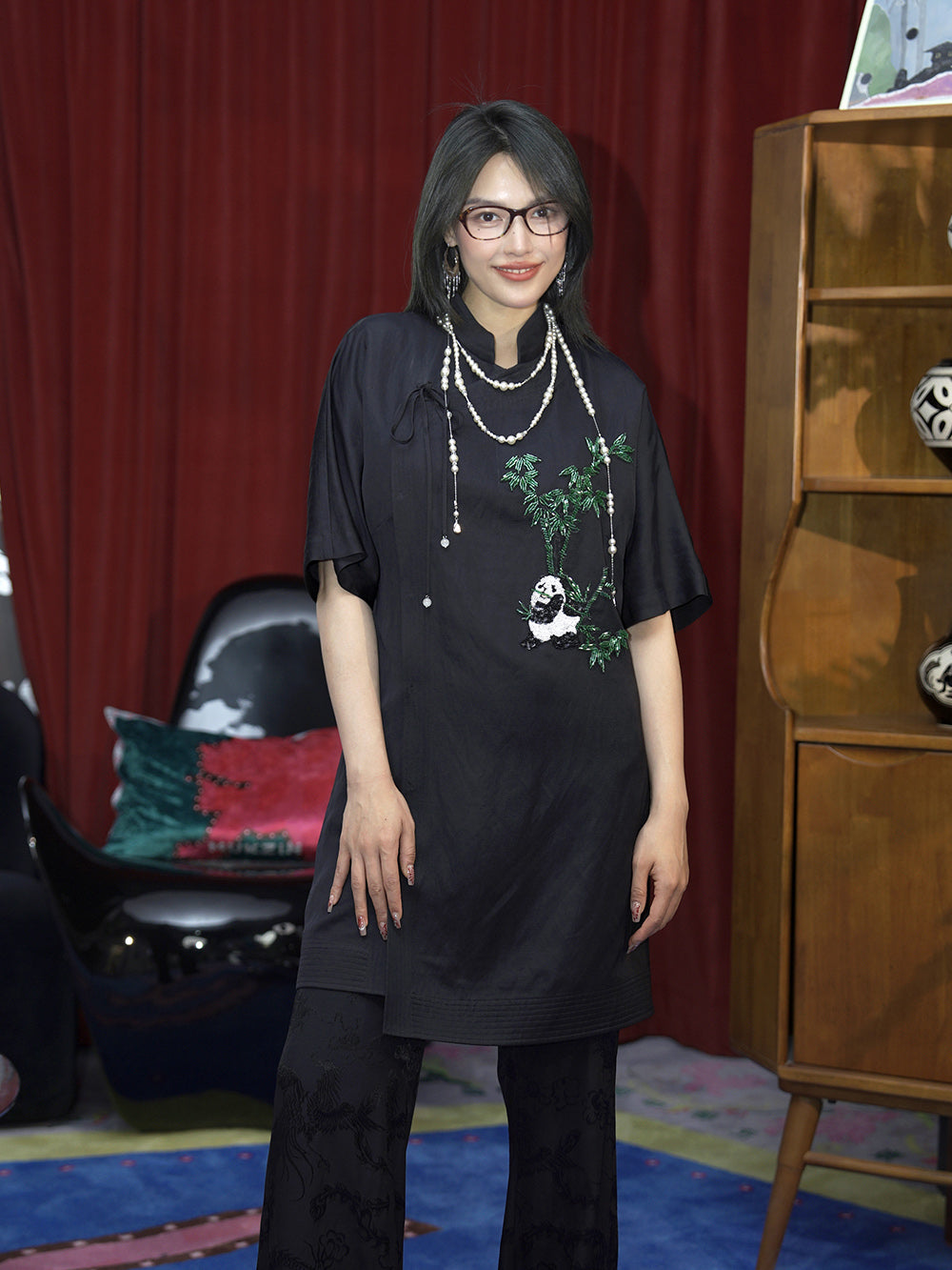 MUKZIN Chinese Style Stand Collar Panda Embroidered Shirt Dress