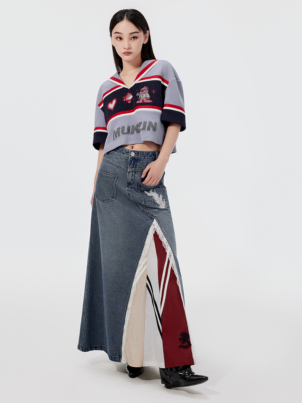 MUKZIN Lace Paneled Fashion Denim Skirt