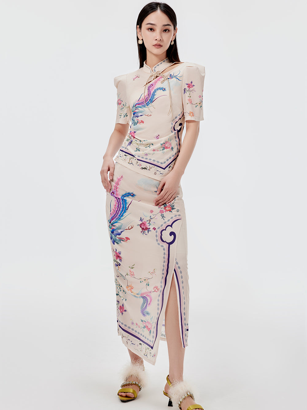 MUKZIN Chinese Style Printed Slit Skirt