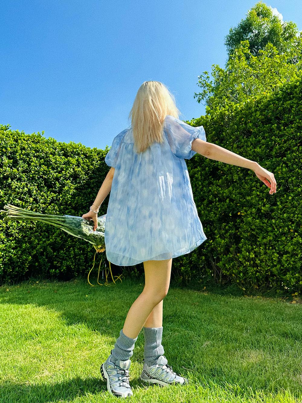 MUKTANK x TWOPLUMGIRLS Pleated Blue Organza Bubble Sleeve Summer Dress