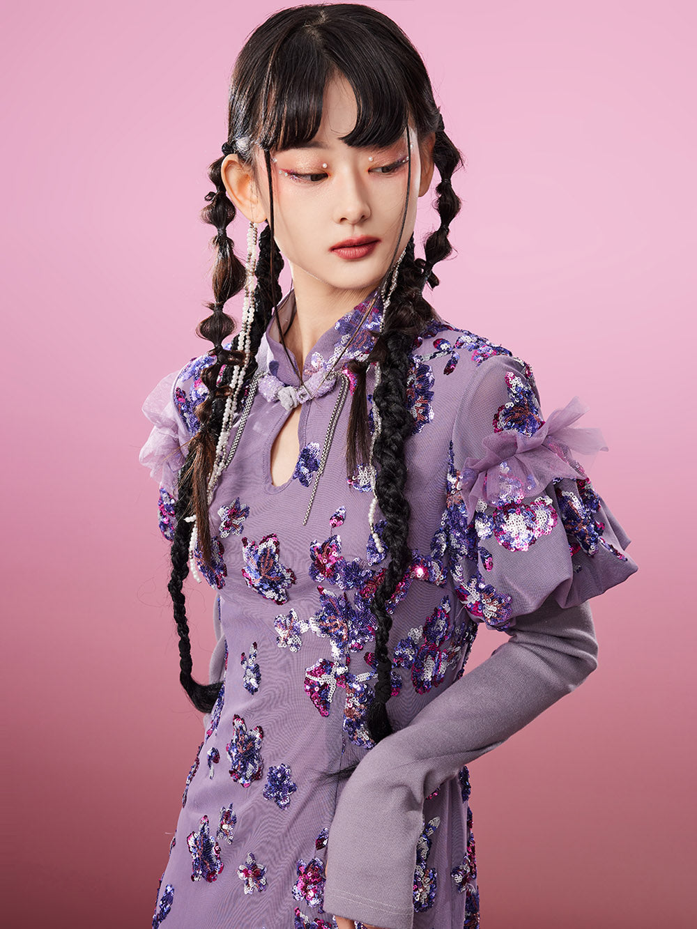 MUKZIN Charming Slim-fitting Purple Slit Original Cheongsam Dress