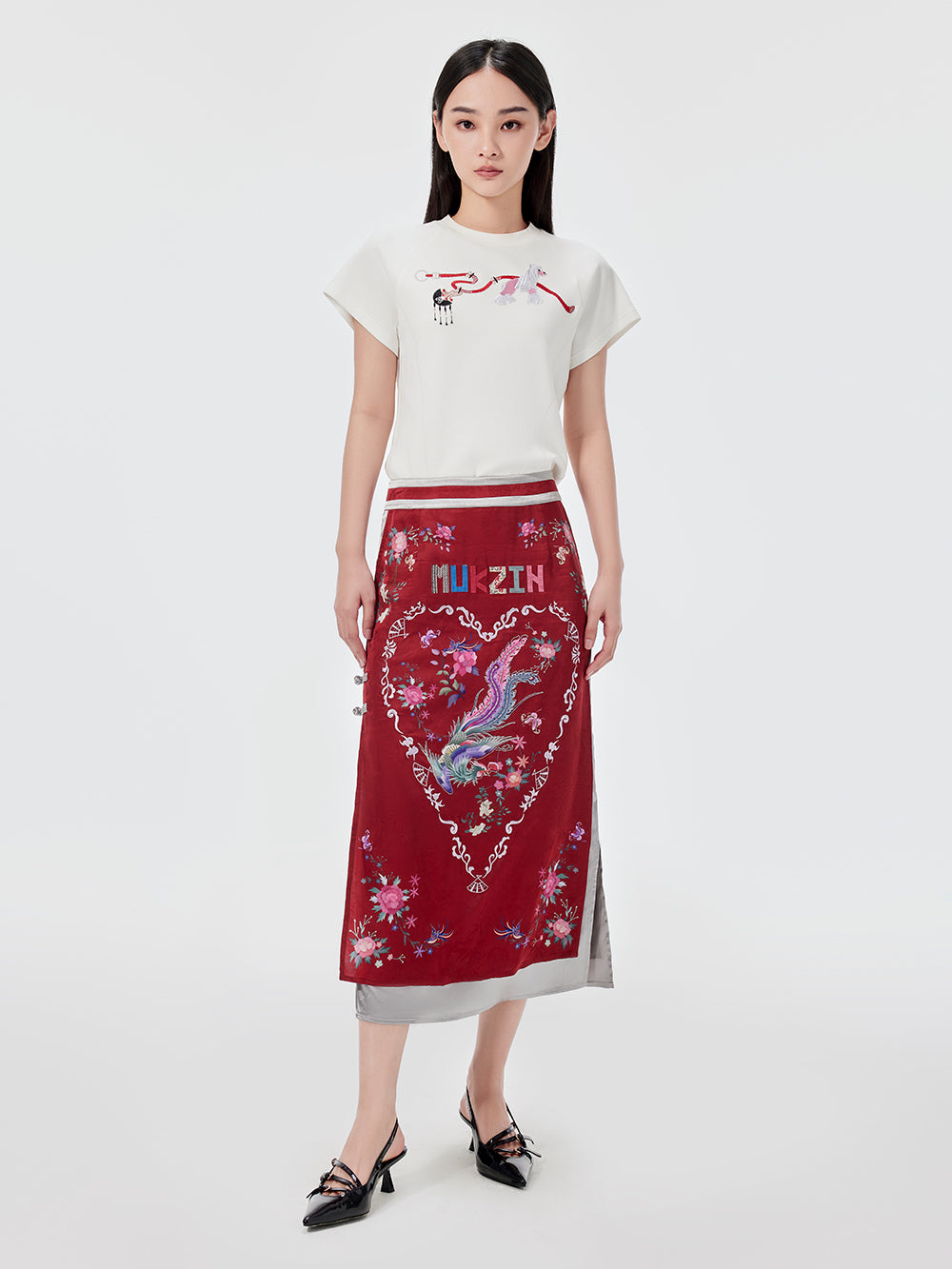 MUKZIN Red Embroidered Chinese Ethnic Style Midi Skirt