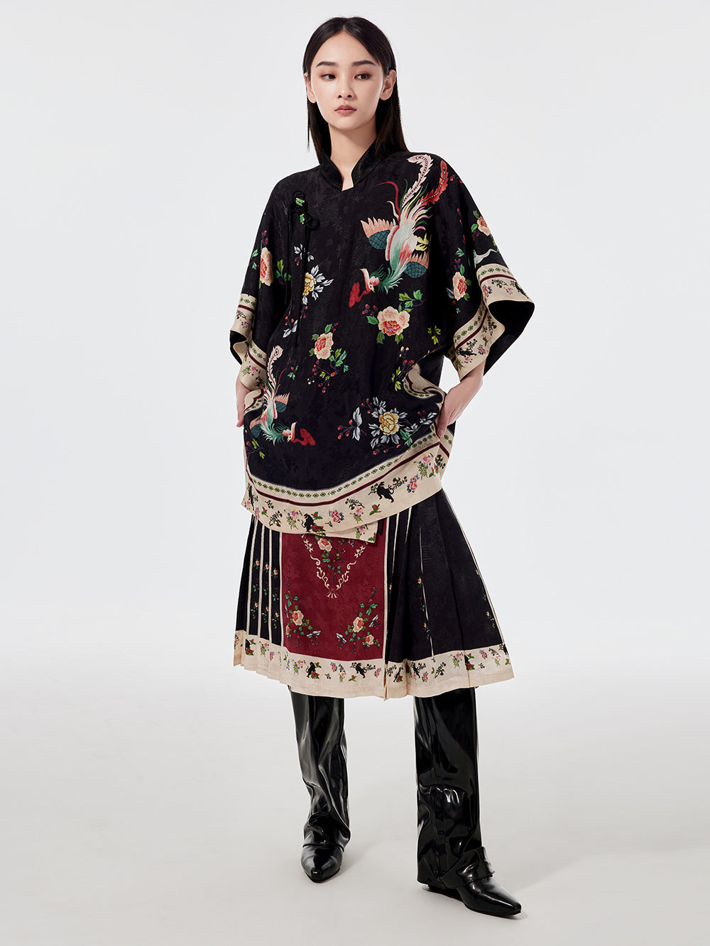 MUKZIN Chinese Stand Collar Printed Half-sleeved Shirt Dresses
