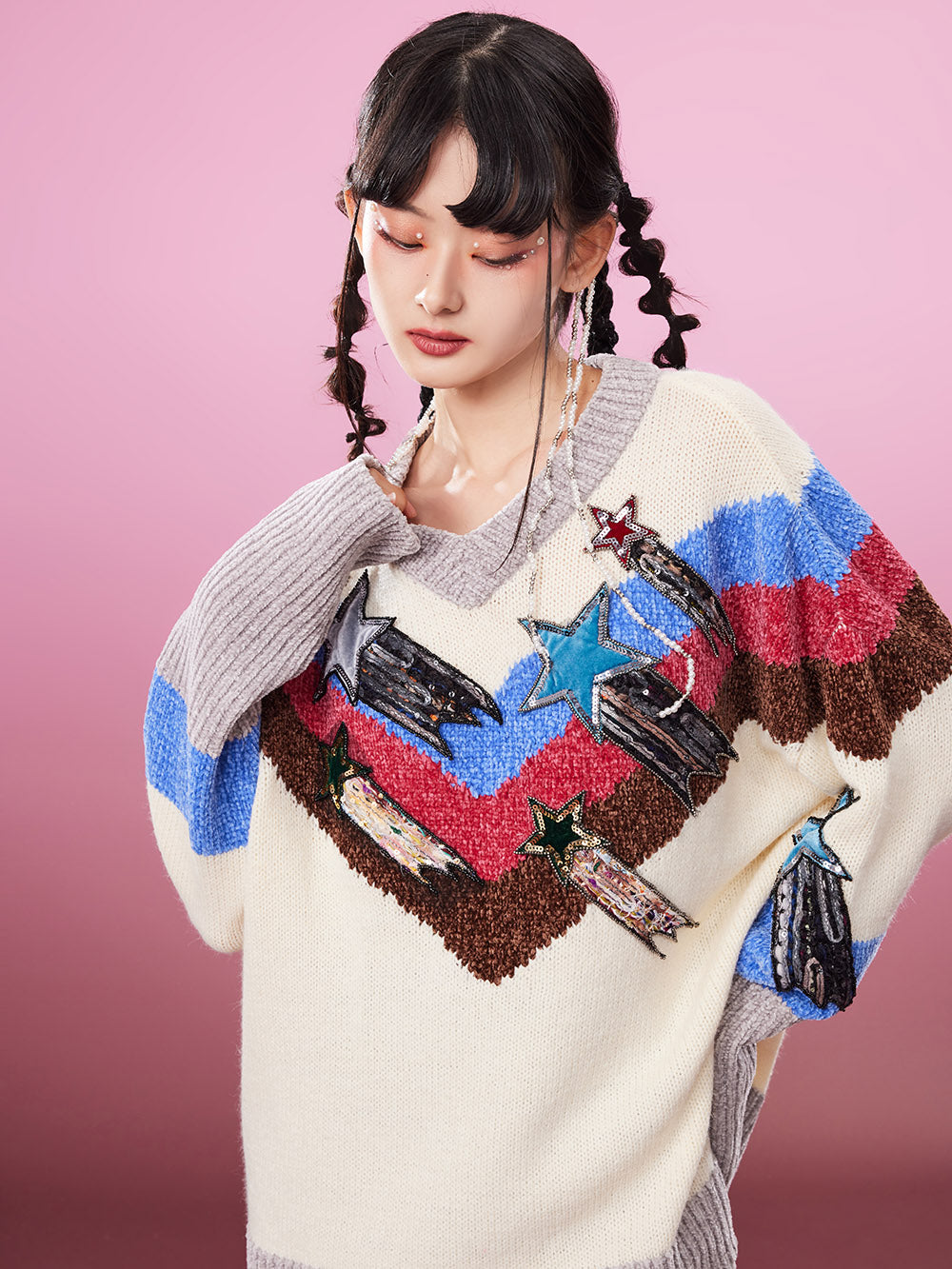 MUKZIN Retro V-neck PatchworkPopular Sweater Contrasting Colors