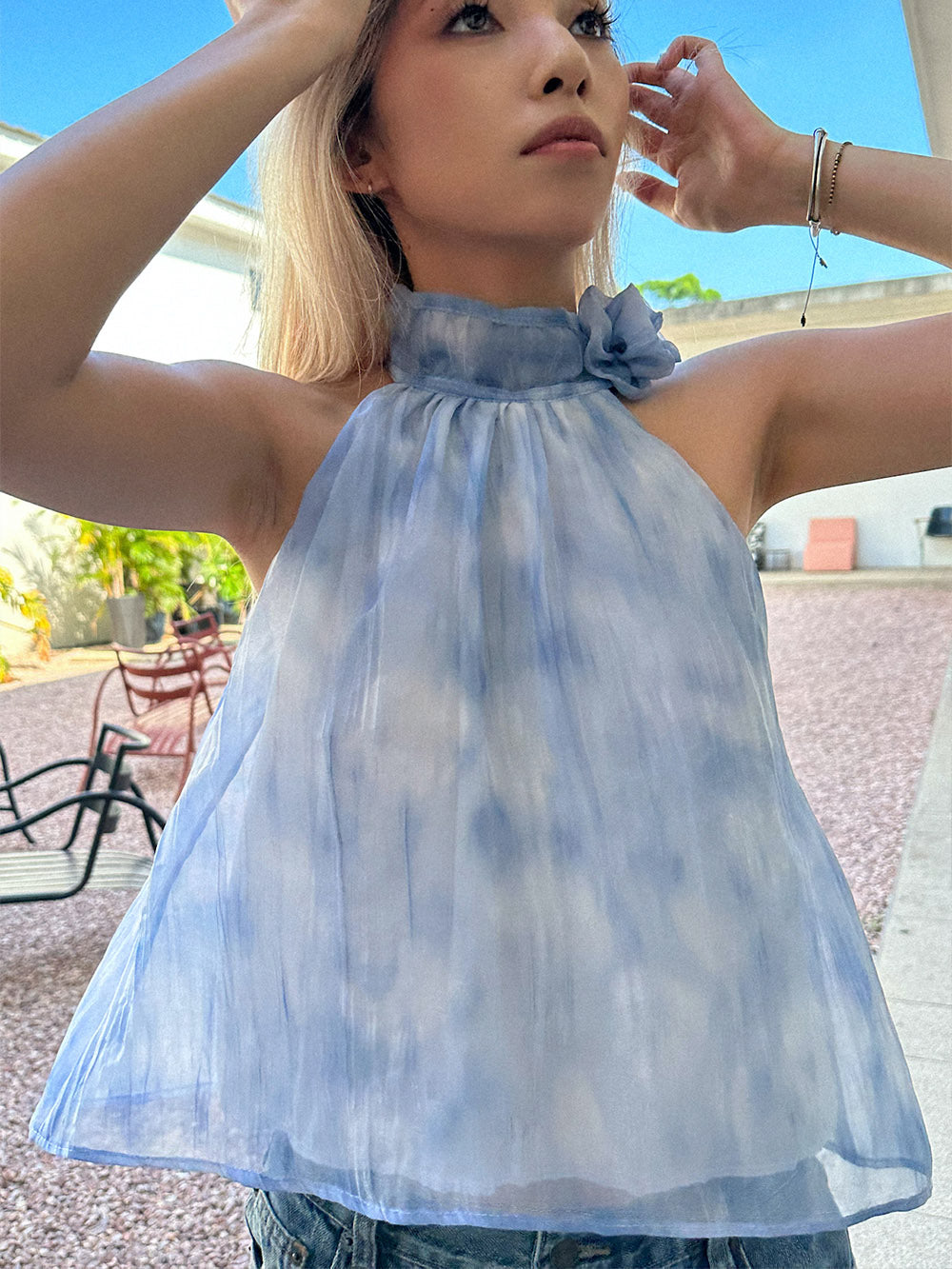 MUKTANK x TWOPLUMGIRLS Tie-Dye Blue Halter Neck Floral Organza Tank Top
