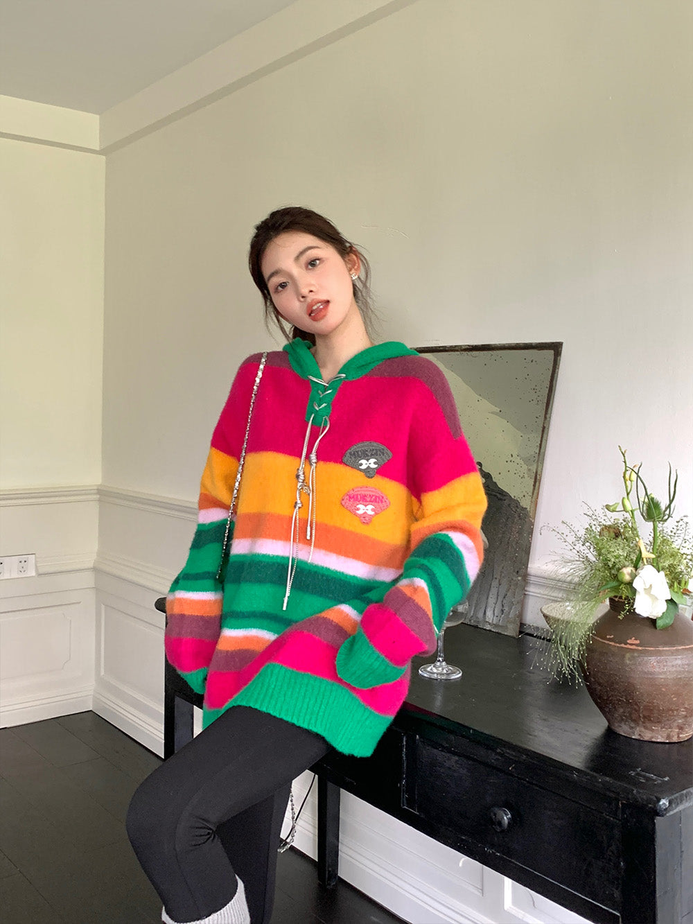 MUKZIN Ginger Rose Red Green Yarn Hooded Sweater