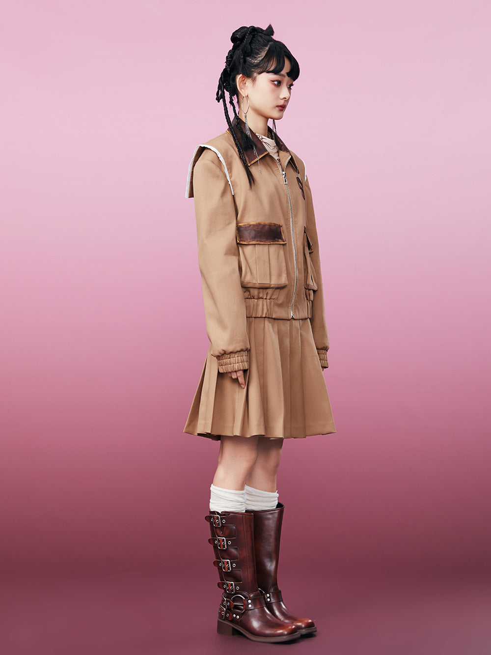 MUKZIN Khaki Workwear Twill Fabric Pleated Skirt