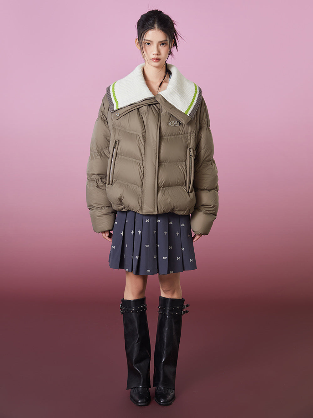 MUKZIN  Khaki Green Warm Versatile Down Jacket with Detachable Collar