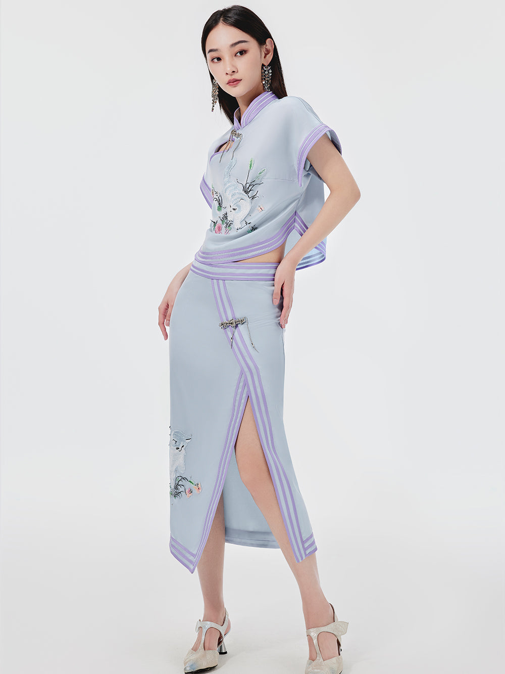 MUKZIN Cat Embroidered Chinese Style Cheongsam Short T-shirt