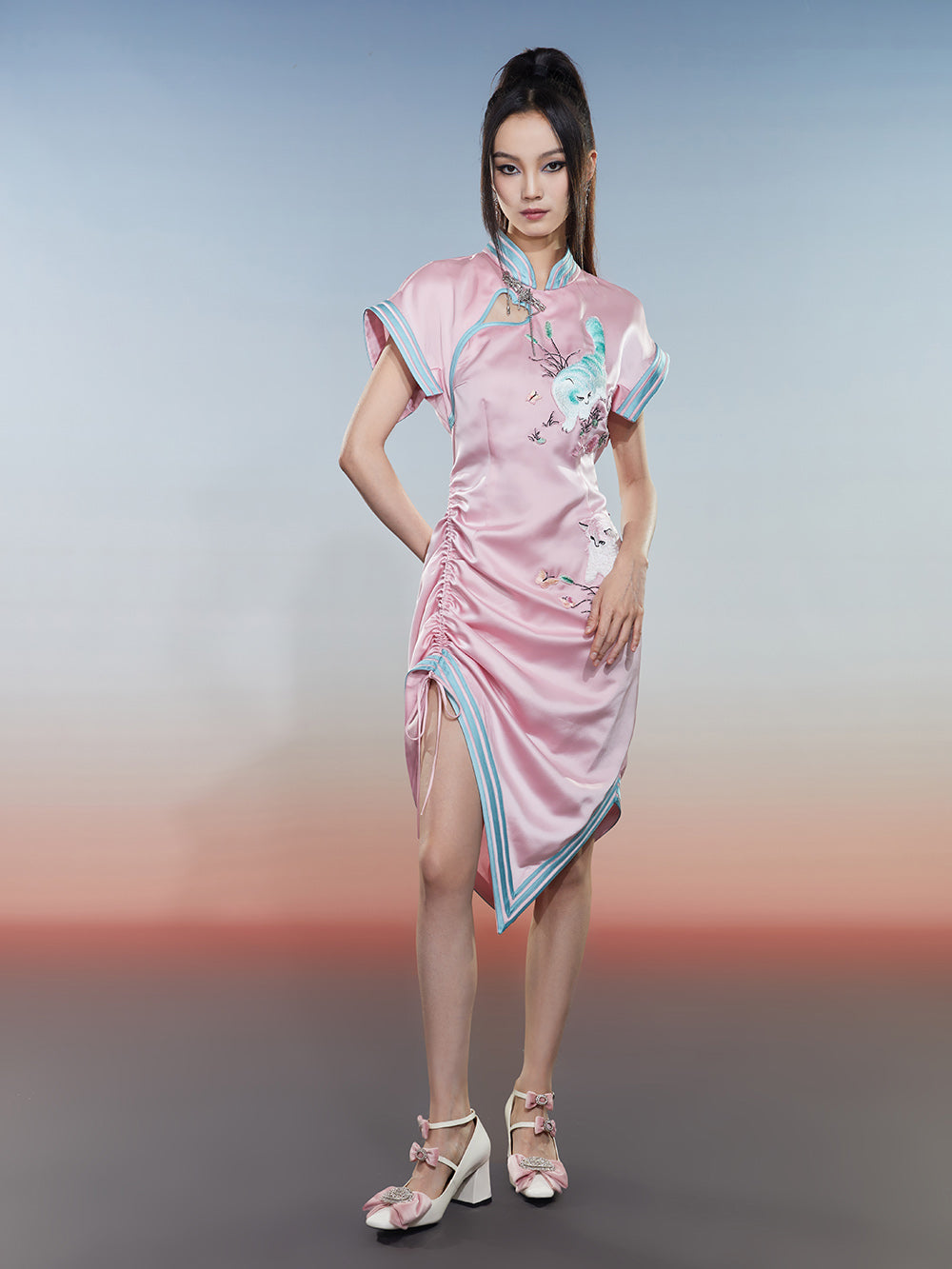 MUKZIN Cat Print Sleeveless Drawstring Cheongsam Qi Pao