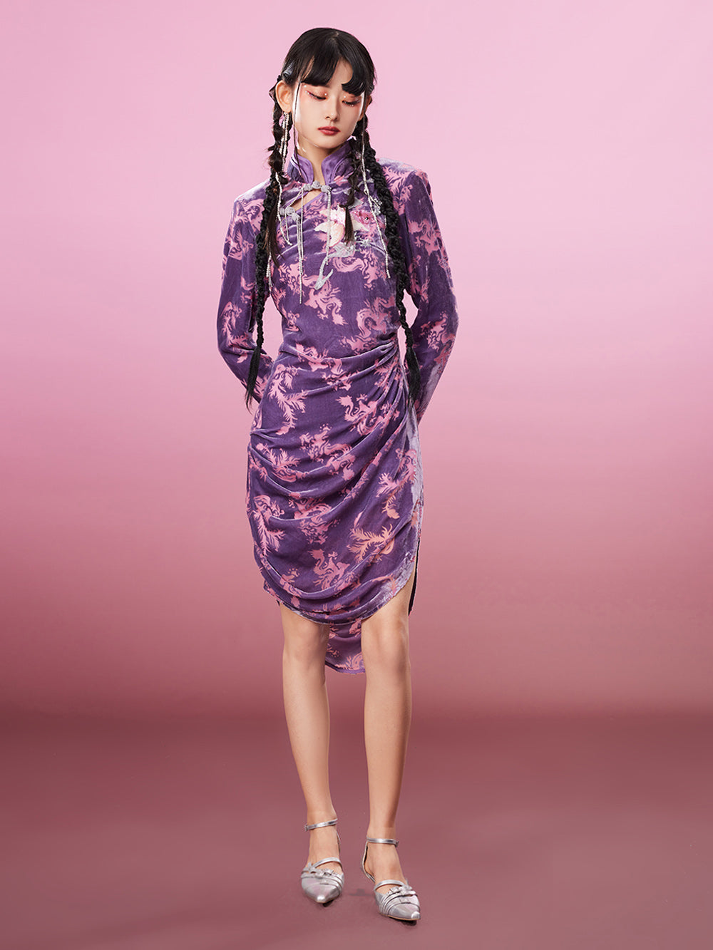 MUKZIN Waist Stand Collar Purple Embroidered Classic Cheongsam Dress