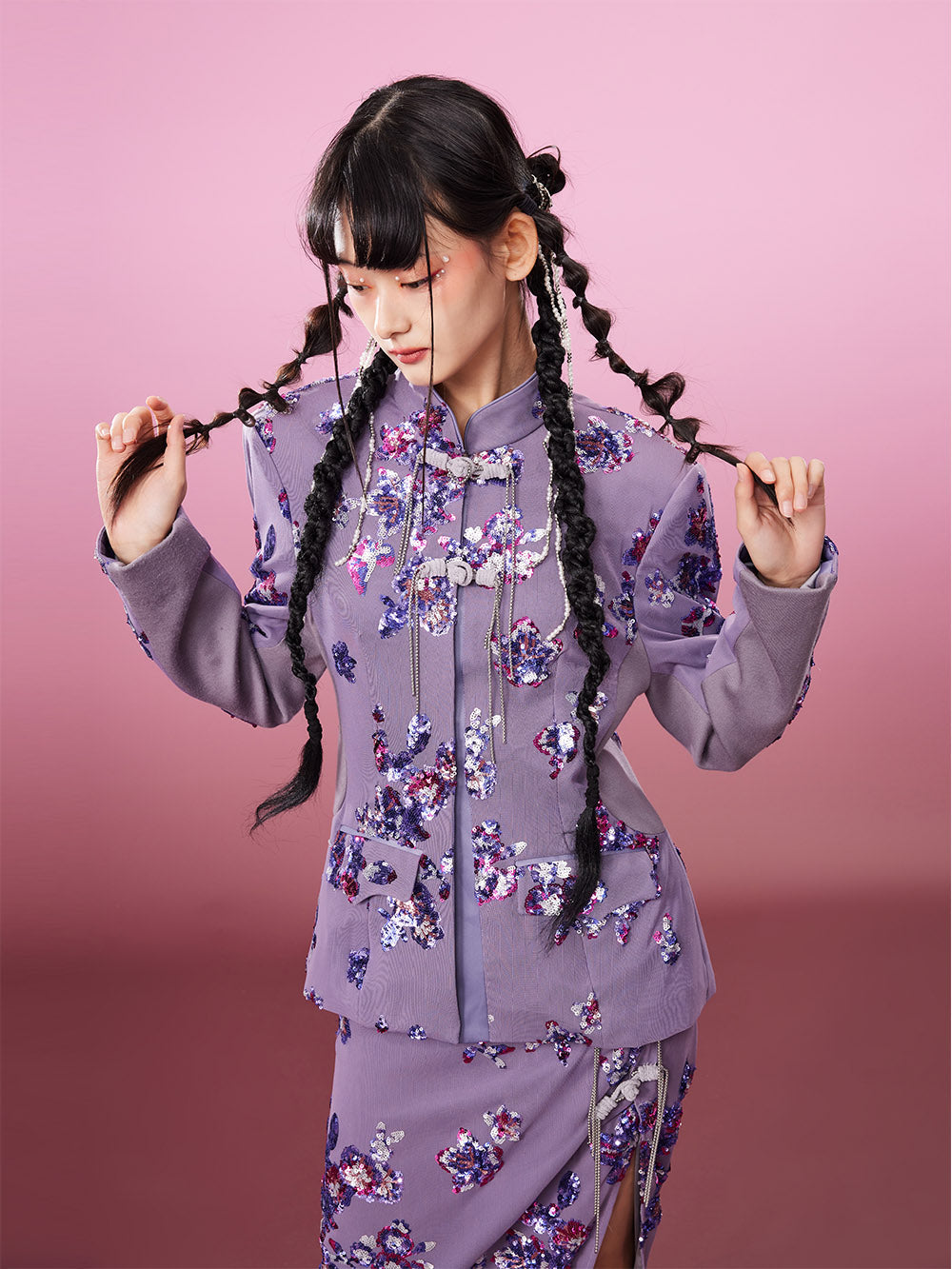 MUKZIN Slim Purple Chinese Style Printed Coat