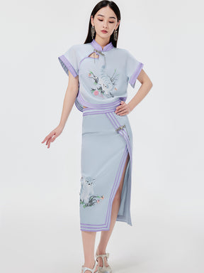 MUKZIN Chinese Style Cat Embroidery Print Slit Midi Skirt