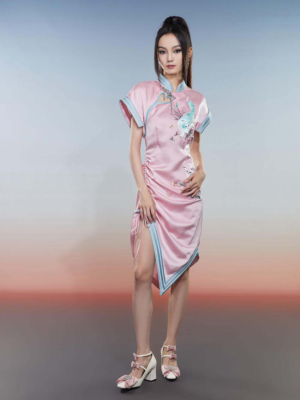 MUKZIN Cat Print Sleeveless Drawstring Cheongsam Qi Pao