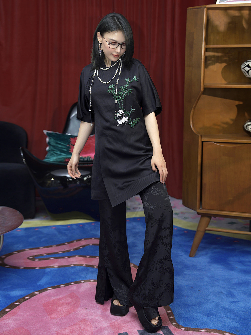 MUKZIN Chinese Style Stand Collar Panda Embroidered Shirt Dress