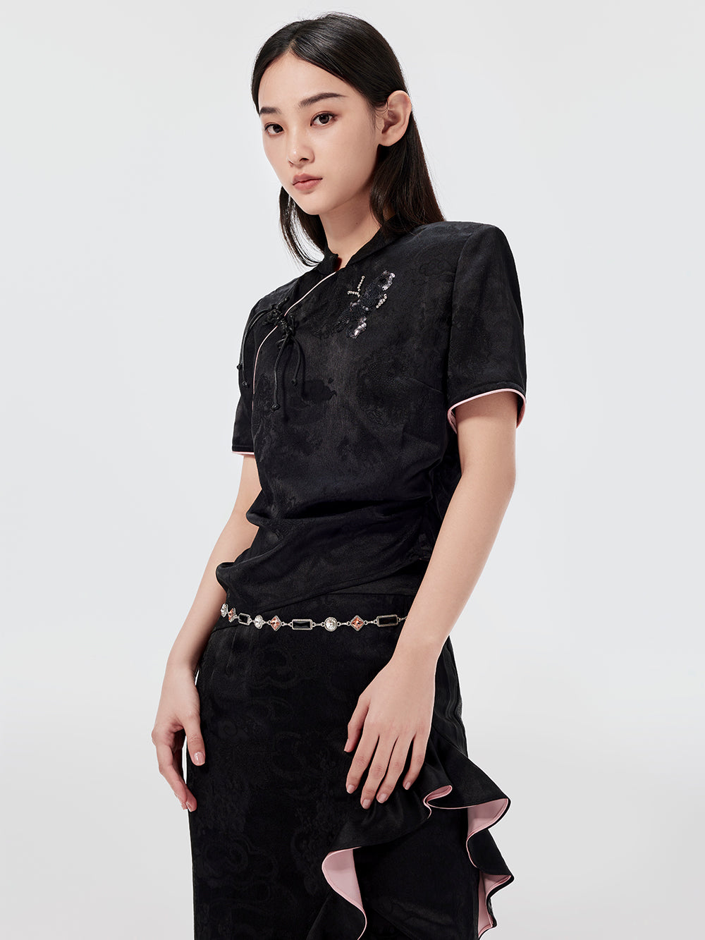 MUKZIN Black Slim Fit Jacquard Sequined Chinese Style Cheongsam T-shirt