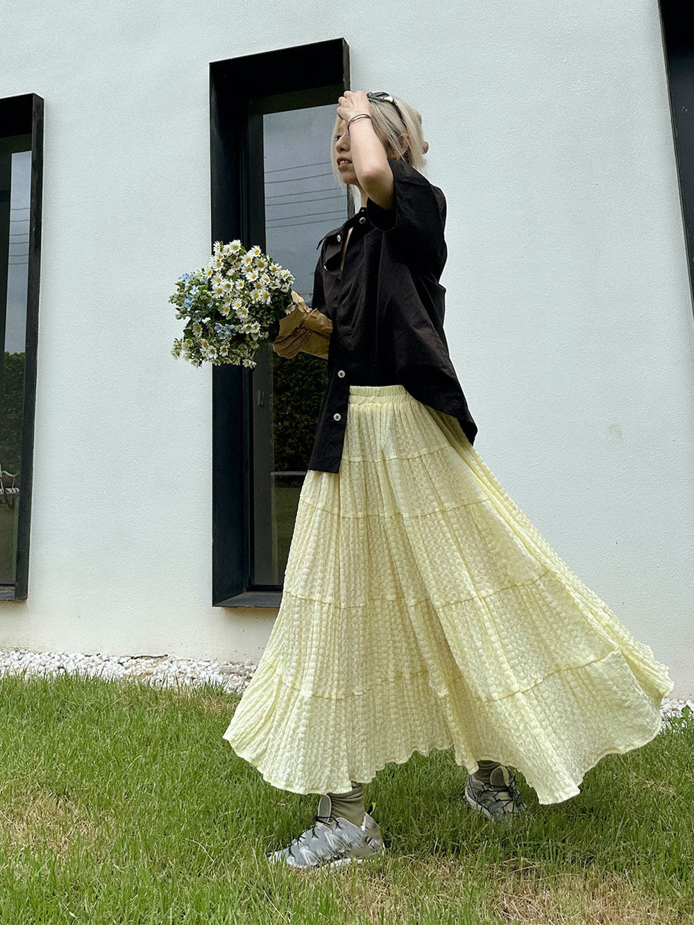 MUKTANK x TPG Yellow Crinkle Pleated Voluminous Vacation-Style A-Line Skirt