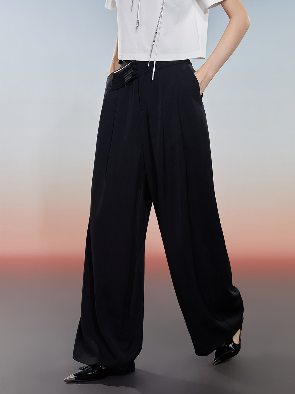 MUKZIN Black Loose Suit Pants with Crossover Design at the Waist