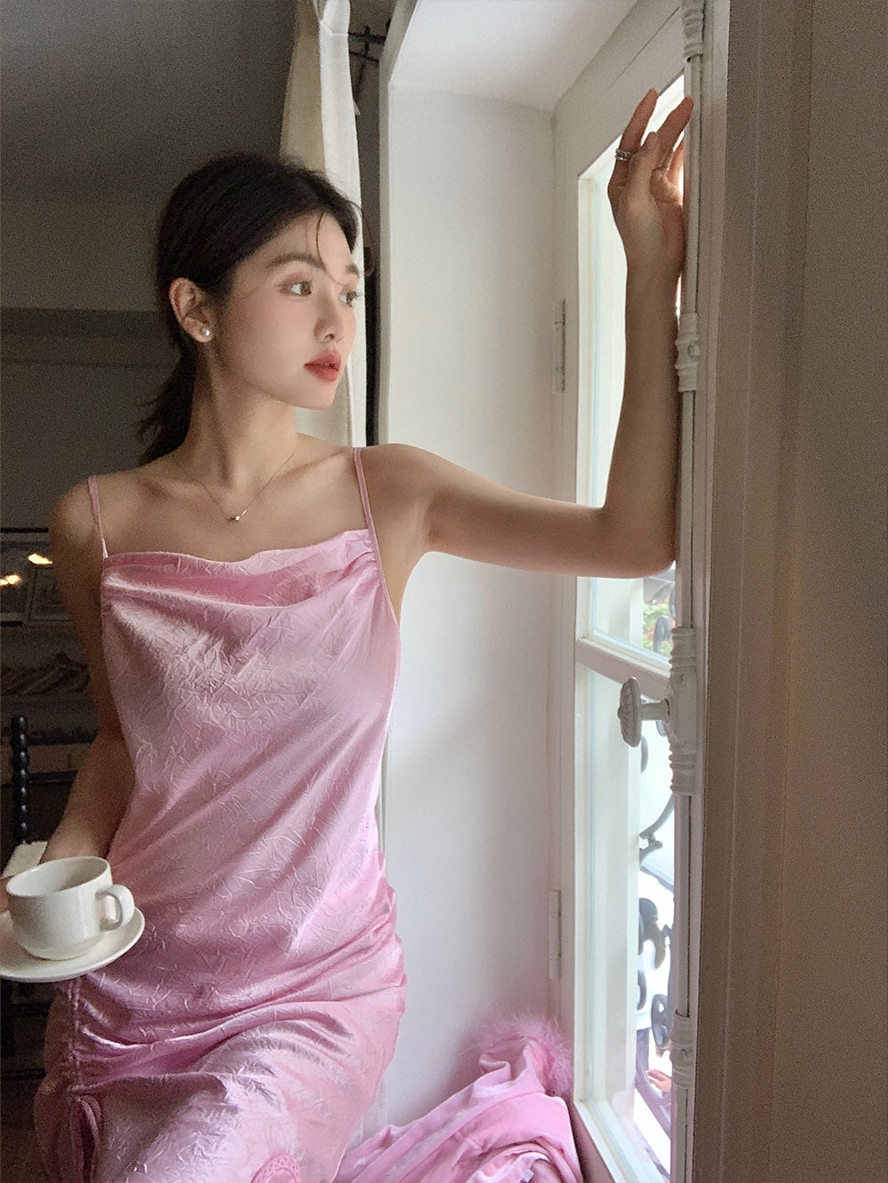 WS Rose Red/Pink Side Slit Strap Night Dress