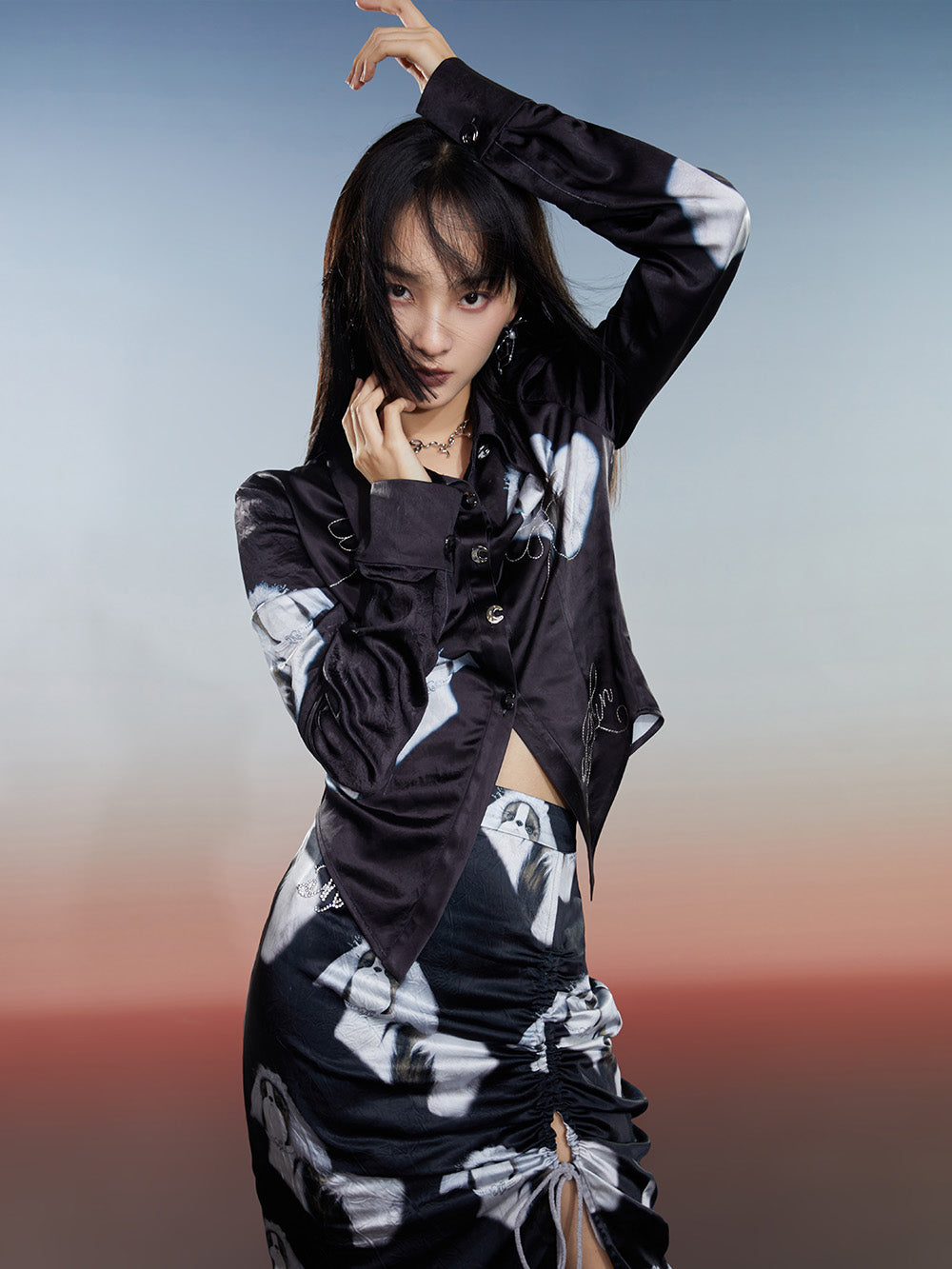 MUKZIN Printed Slim-fitting Slit Retro Versatile High-quality Skirt