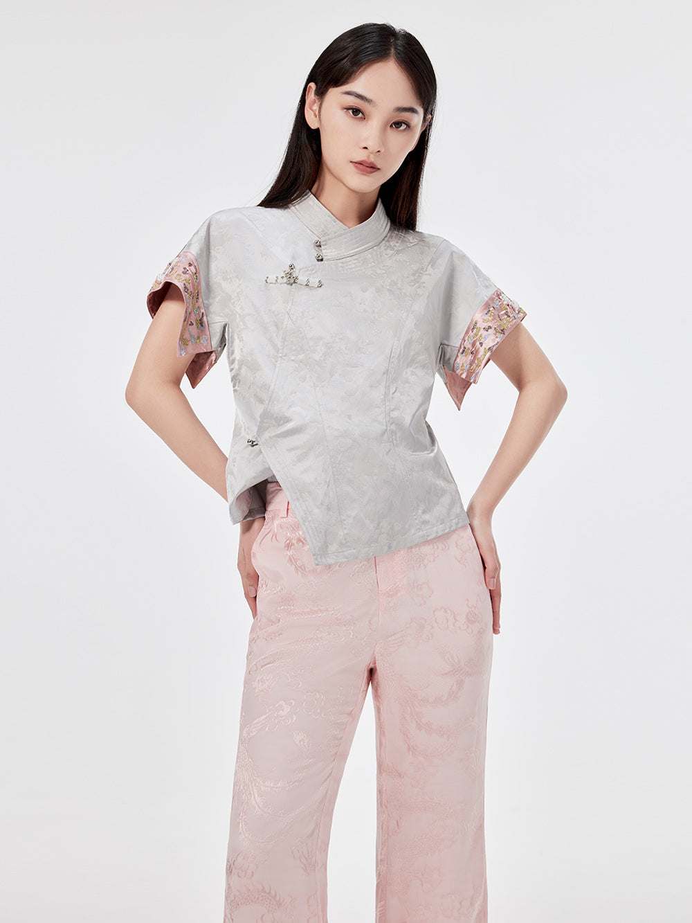 MUKZIN Silver Jacquard Ultra Short-sleeved Cheongsam Shirt