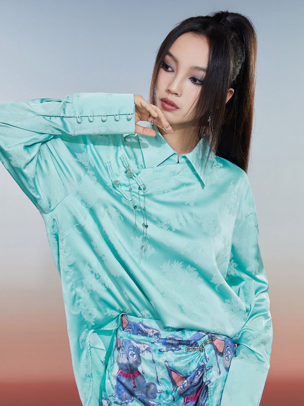 MUKZIN Solid Color Retro Floral Jacquard Chinese Style Shirt